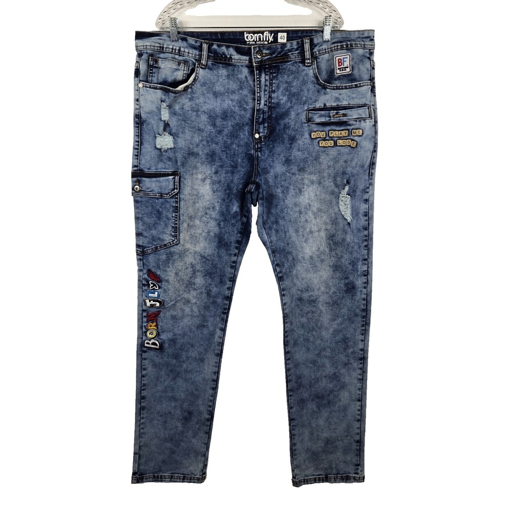 Born Fly Mens 40 (Actual 42) Distressed Embroidered Patchwork Jeans